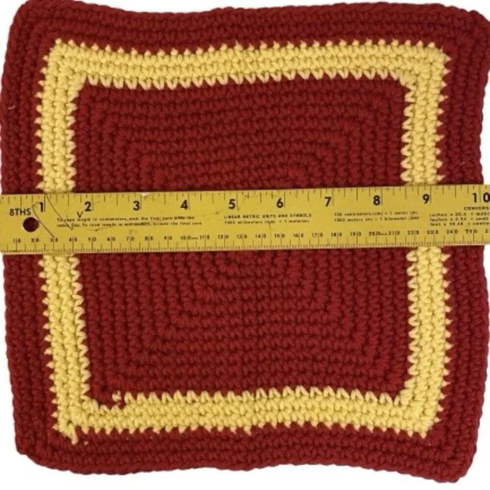 Vintage Hand Crocheted Potholders Set of 2 - Red & Cream Yellow - 10” Square
